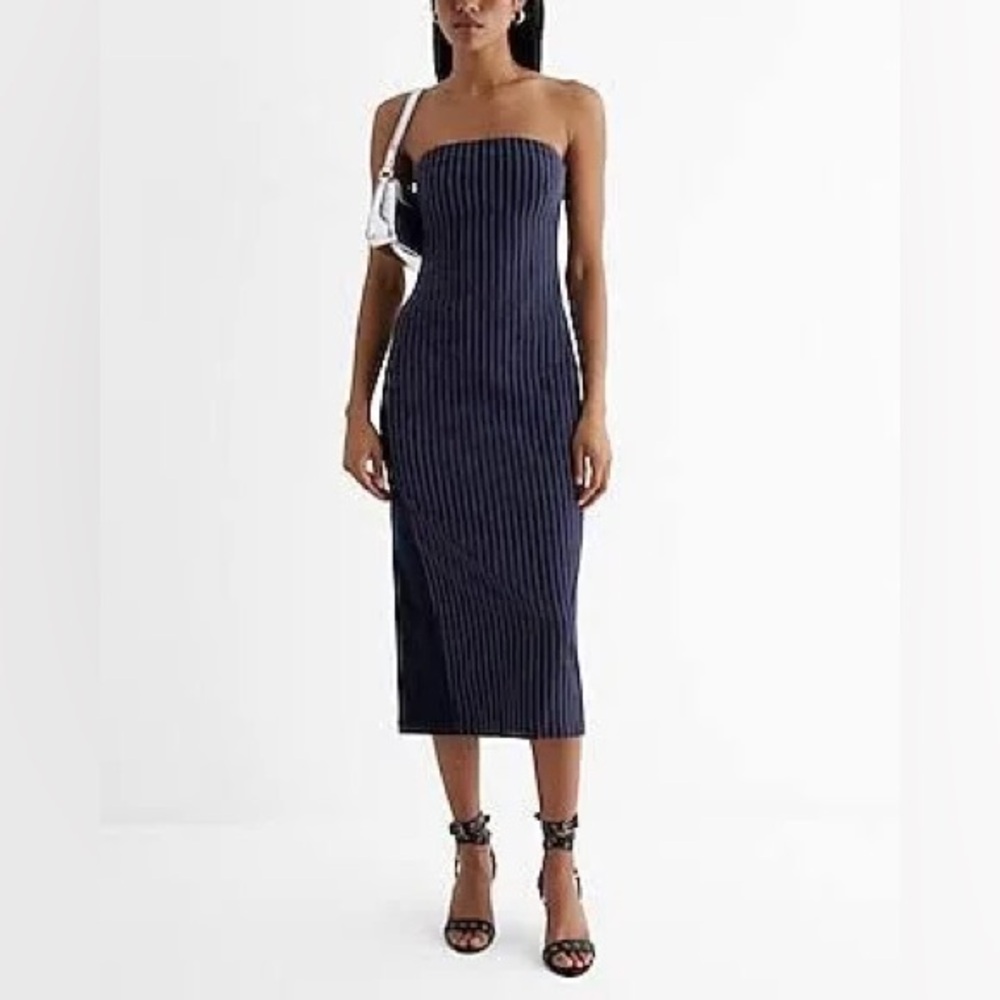 Express Pinstripe Denim Back Strapless Midi Sheath Dress size XS NWT in pkg